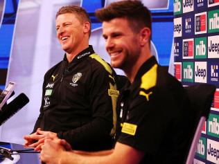 Damien Hardwick and Trent Cotchin speak to the media.