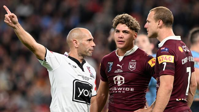 Reece Walsh sent off by referee Ashley Klein for head butting Jarome Luai. Picture: Bradley Kanaris/Getty Images