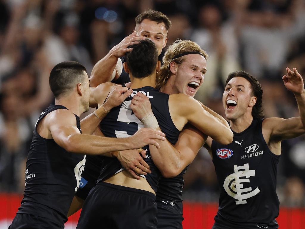 MELBOURNE, AUSTRALIA. March 14, 2024. AFLÃ&#137; Round 1. Carlton vs. Richmond at the MCG. Adam Cerra of the Blues celebrates a 4th quarter goal. Pic: Michael Klein