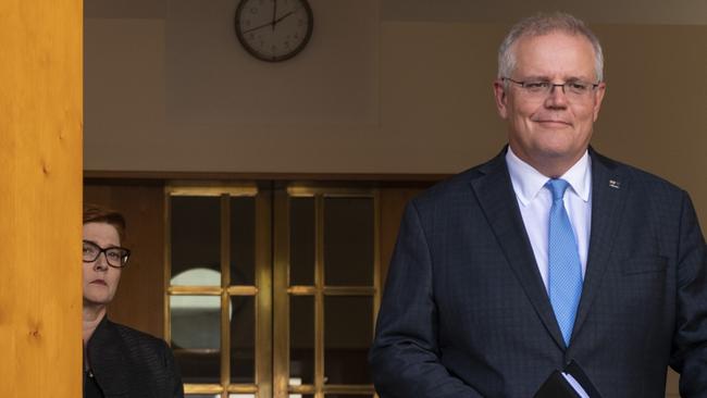 Scott Morrison and Foreign Minister Marise Payne at Parliament House on Monday. Picture: Martin Ollman