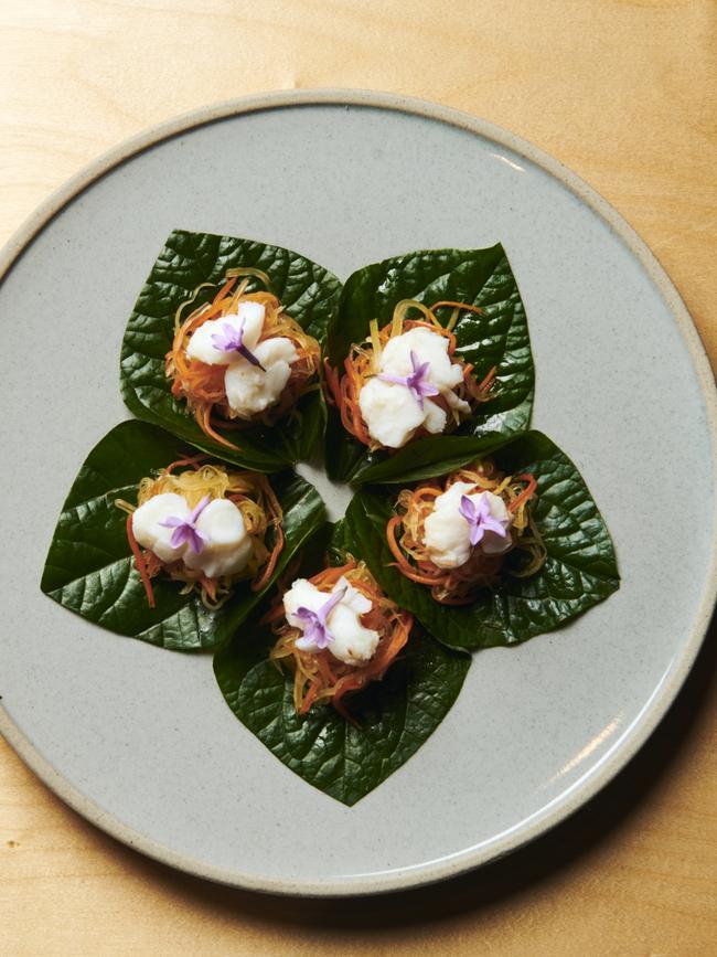 Tonka’s Moreton Bay bug betel leaf with pickled green papaya and ginger. Photo: Eugene Hyland