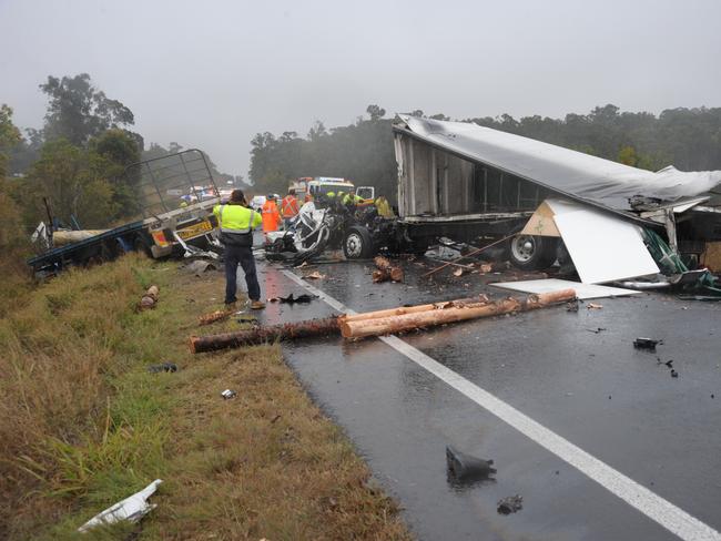 Fatal accident on the Bruce Highway at Kybong near Coles Creek involving three trucks and a car. Photo: Brett Wortman / Sunshine Coast Daily