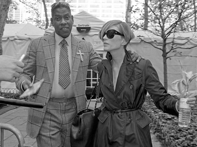 Andre Leon Talley and American model Kristen McMenamy during fashion week in the mid 1990s in New York. Picture: Getty Images