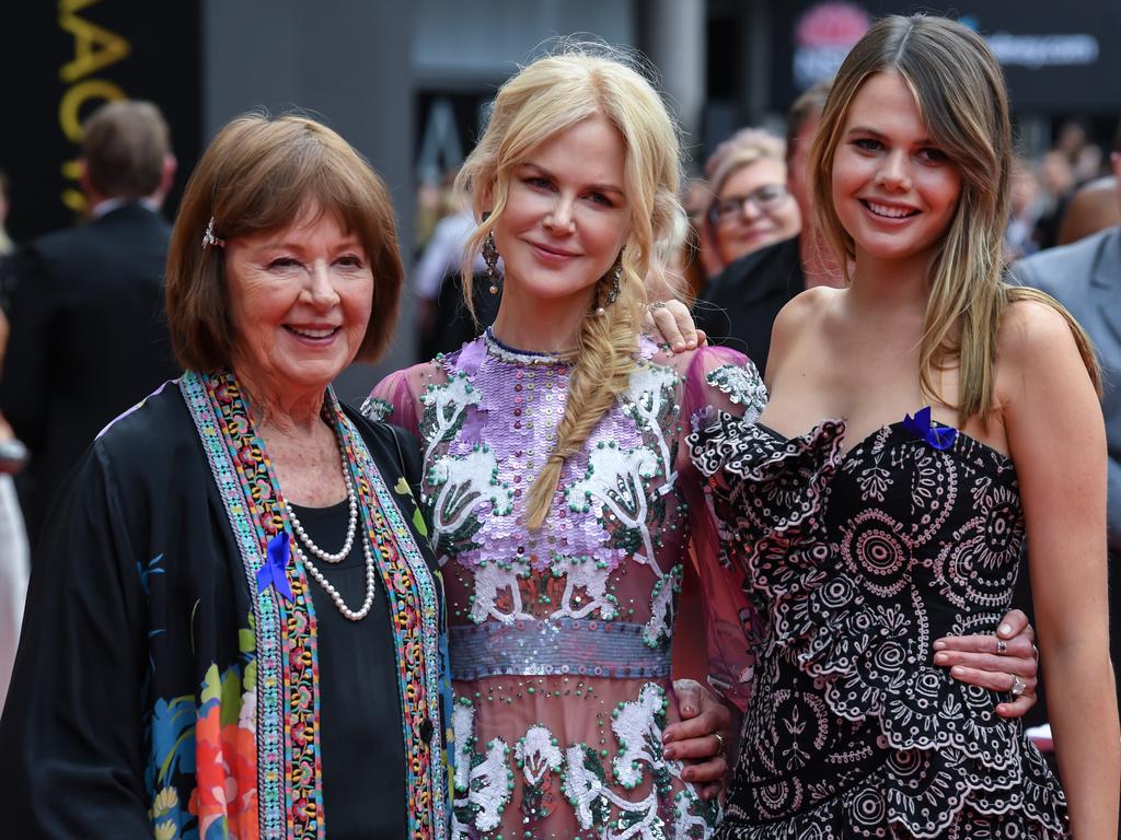 Janelle Kidman with daughter Nicole and granddaughter Lucia Hawley, the daughter of Antonia Kidman, at the 2018 AACTA Awards. Picture: Getty Images