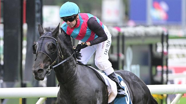 Vlad Duric powers to victory aboard Antino for trainer Tony Gollan in the Group 2 Victory Stakes at Eagle Farm. Picture: Grant Peters / Trackside Photography