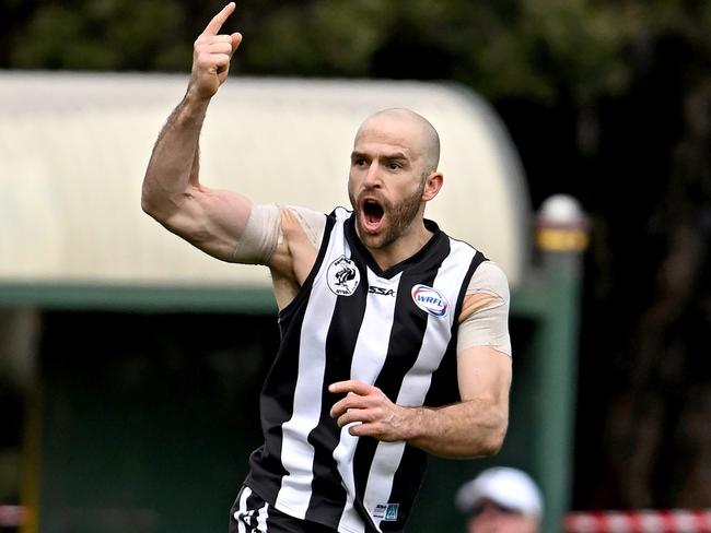 ParksideÃs Shaun Campbell celebrates a goal during the WRFL Division 2  Grand Final between Parkside and Albion in Yarraville, Sunday, Sept. 10, 2023. Picture: Andy Brownbill