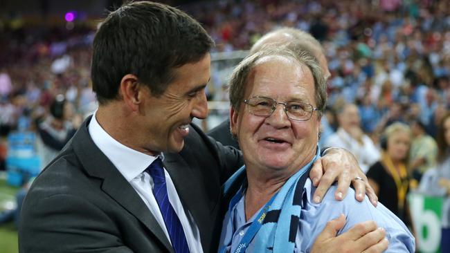 Andrew Johns and Tommy Raudonikis during a 2014 State of Origin clash at Suncorp Stadium.