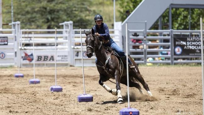 Grace McDonald in action – competing in pole bending. Picture: Kailee Rykers / Supplied.