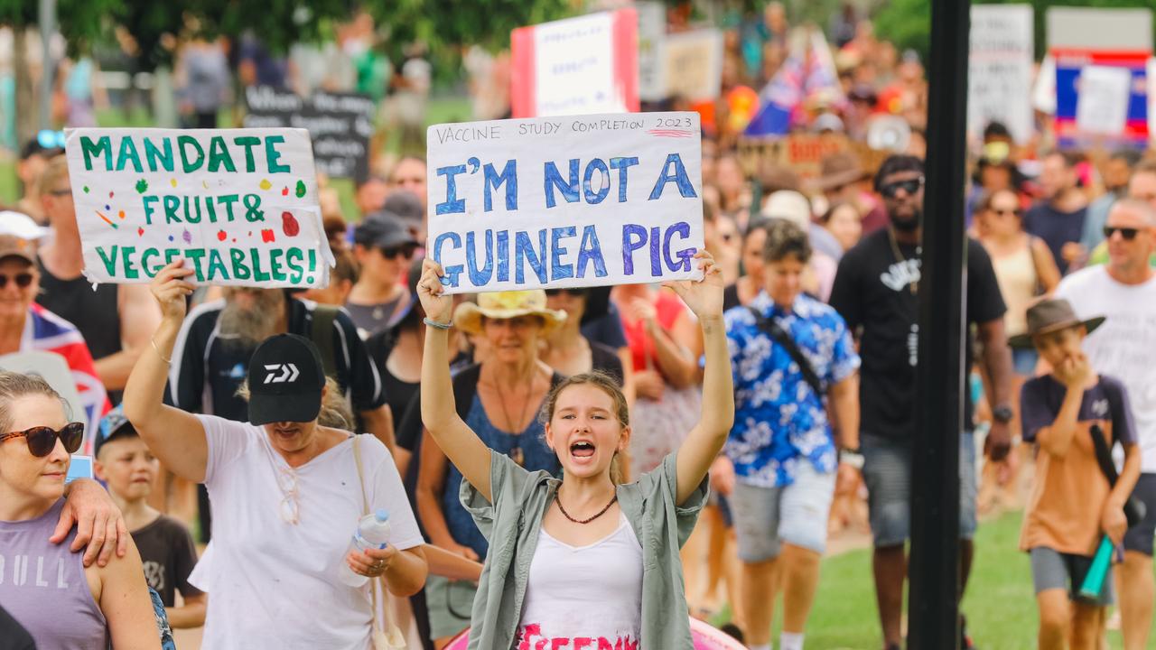 Protesters congregate at the Cenotaph at a Free in the NT march in Darwin. Picture: Glenn Campbell