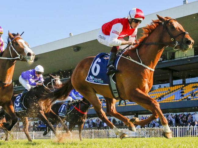 SYDNEY, AUSTRALIA - JULY 30: Hugh Bowman (red and white) on Pizarro wins race 6 the Atc Thank You Stable Staff Handicap during Sydney Racing at Rosehill Gardens on July 30, 2022 in Sydney, Australia. (Photo by Mark Evans/Getty Images)