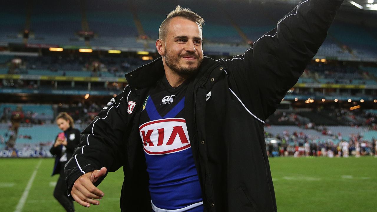 Bulldogs Josh Reynolds farewells the crowd after the St George v Bulldogs rugby league match at ANZ Stadium, Homebush. Picture: Brett Costello
