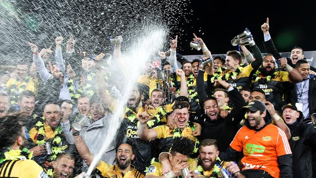 The Hurricanes celebrate their victory in the Super Rugby final at Westpac Stadium in Wellington.