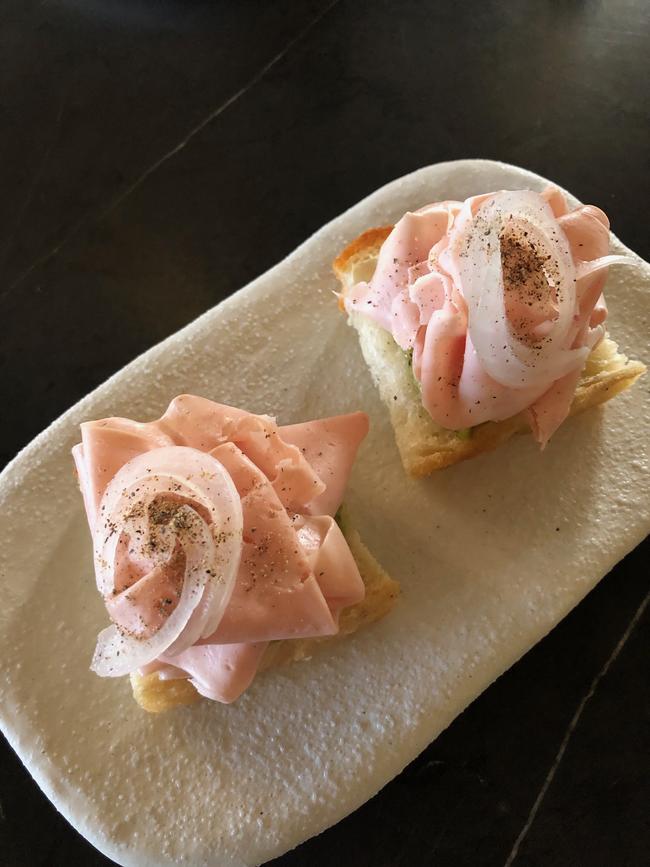 House-made focaccia, pistachio and mortadella at The Odd Plate.