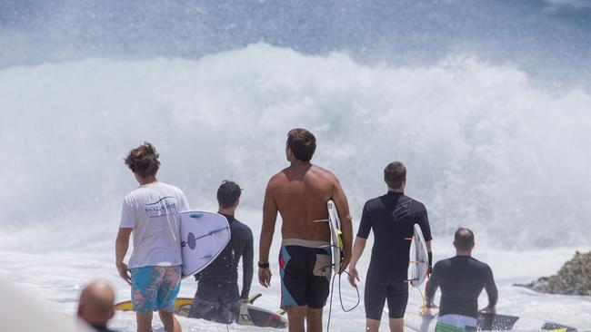 Surfers enjoying the larger swell at Snapper Rocks on Sunday 2 January 2022. Picture: Jerad Williams