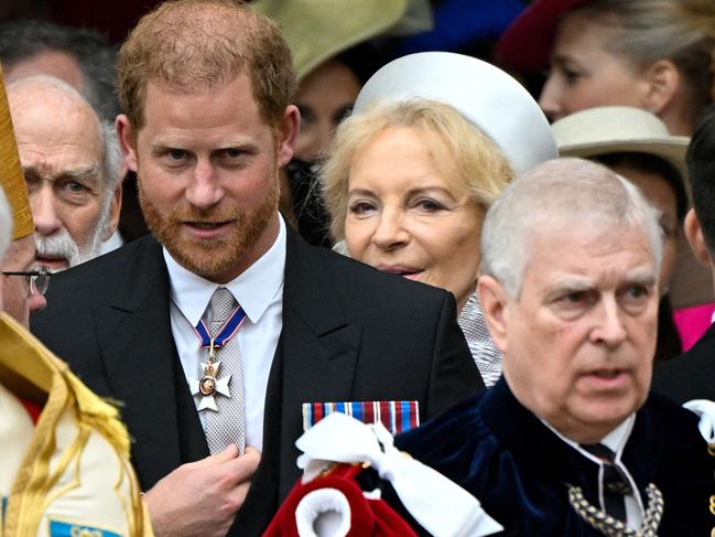 The exiled. Prince Harry and Prince Andrew leave King Charles’ coronation. Picture: AFP