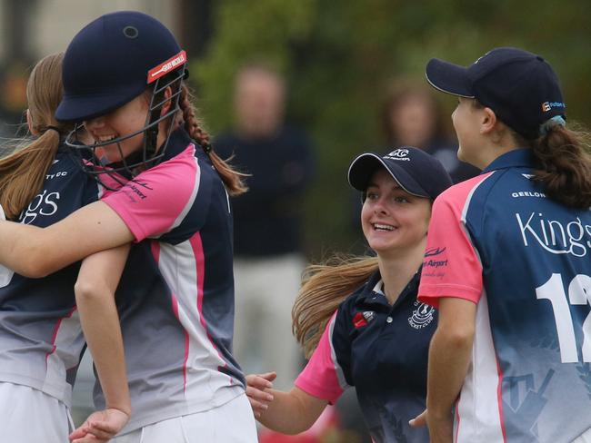 More girls are playing cricket in Victoria than ever before. Geelong City players last season celebrate a wicket against Lara. Picture: Mark Wilson