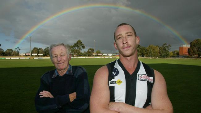 Gippsland media identity, the late Kevin Hogan, left, and former Sale coach and Hawthorn player Adrian Cox.