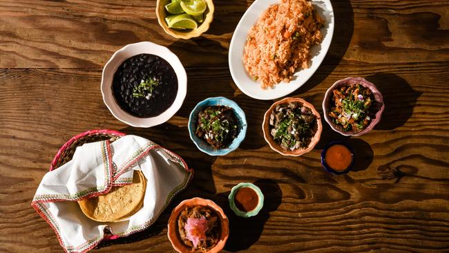 Tacos with various fillings, Mexican rice, black beans at La Popular Taqueria, Port Adelaide. Picture Jack Fenby