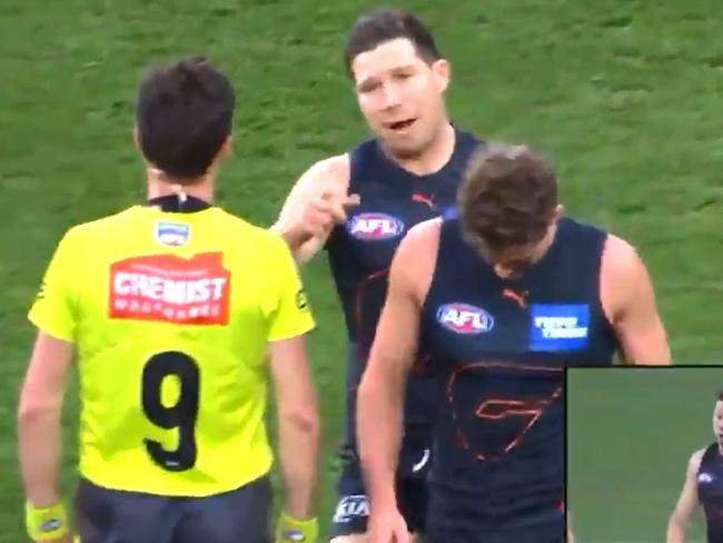 Toby Greene was suspended for six weeks in 2001 for making contact with umpire Matt Stevic. Picture: Fox Sports