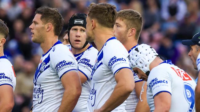 NEWCASTLE, AUSTRALIA - AUGUST 13: Bulldogs look on after a Knights try during the round 24 NRL match between Newcastle Knights and Canterbury Bulldogs at McDonald Jones Stadium on August 13, 2023 in Newcastle, Australia. (Photo by Jenny Evans/Getty Images)