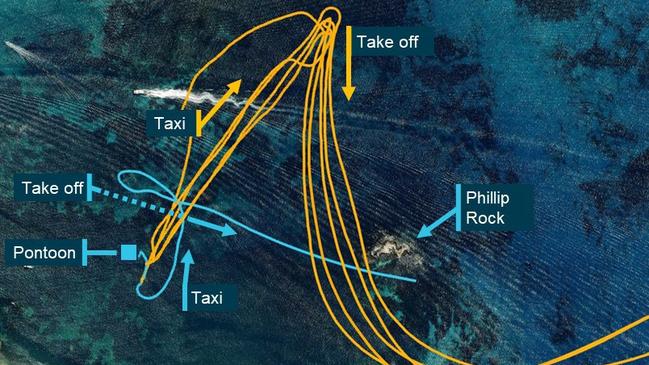 ATSB preliminary report into the collision with water of a Cessna Caravan float plane at Rottnest Island, WA, on 7 January 2025.  Recorded departure tracks for VH-WTY within Thomson Bay displaying the difference between the accident flight and the previous flights. Picture:  Google Earth, annotated by the ATSB