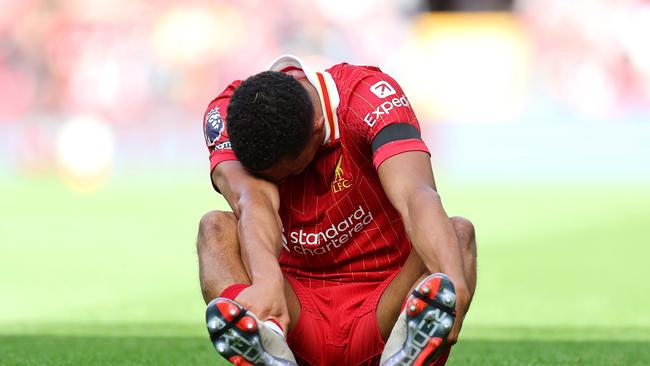 LIVERPOOL, ENGLAND - SEPTEMBER 14: Trent Alexander-Arnold of Liverpool looks dejected following the team's defeat during the Premier League match between Liverpool FC and Nottingham Forest FC at Anfield on September 14, 2024 in Liverpool, England. (Photo by Carl Recine/Getty Images)