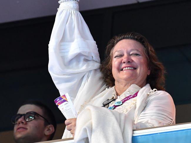 Australia's richest woman, Gina Rinehart is seen during the final's on day two of swimming competition at the XXI Commonwealth Games at Gold Coast Aquatic Centre on the Gold Coast, Australia, Friday, April 6, 2018. (AAP Image/Darren England) NO ARCHIVING, EDITORIAL USE ONLY