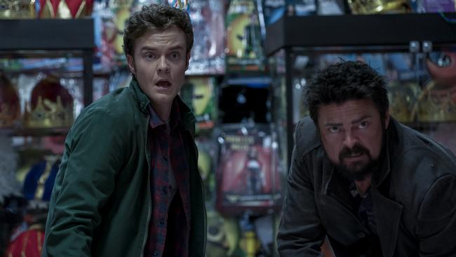 Jack Quaid and Karl Urban in a scene from The Boys.