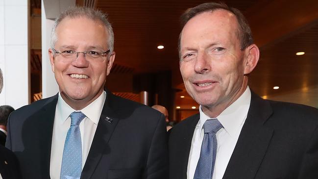 Prime Minister Scott Morrison and former PM Tony Abbott. Picture: Kym Smith