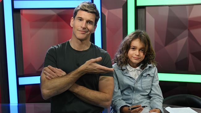 6/9/23: Osher Gunsberg and our little interviewer Oskar Houghton for Tiny Edition - the web series where kids interview celebs. in the CM studio, Bowen Hills, Brisbane . pic: Lyndon Mechielsen/Courier Mail