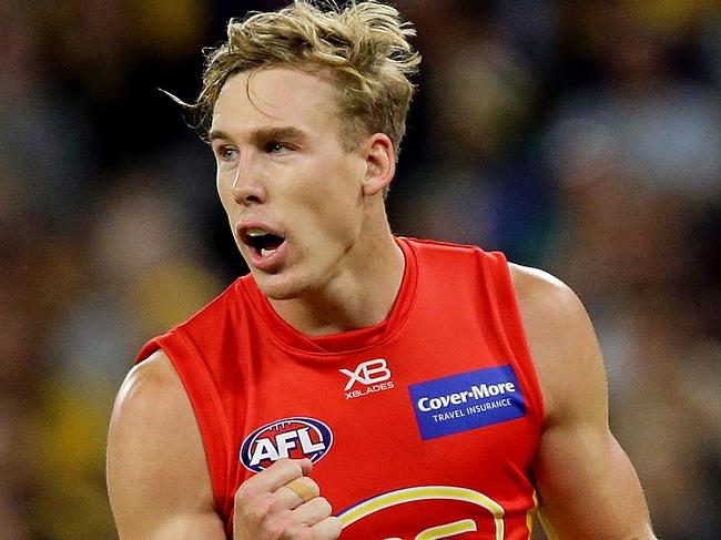 PERTH, WESTERN AUSTRALIA - APRIL 14:  Tom Lynch of the Suns celebrates after scoring a goal during the round four AFL match between the West Coast Eagles and the Gold Coast Suns at Optus Stadium on April 14, 2018 in Perth, Australia.  (Photo by Will Russell/AFL Media/Getty Images)