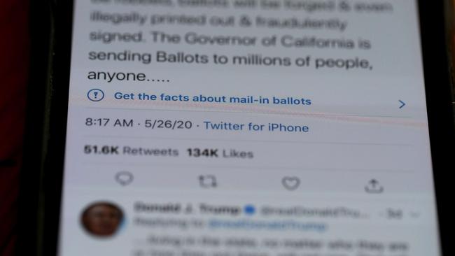 A notification from Twitter appears on tweet by US President Donald Trump. Picture: Getty Images