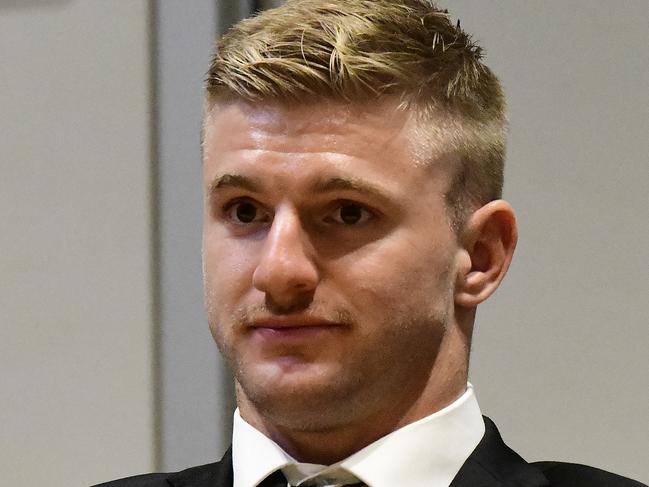 West Tigers player Luke Garner is seen arriving for an NRL judiciary hearing at NRL Central in Sydney, Tuesday, August 13, 2019. Luke Garner is contesting a grade one dangerous contact charge. (AAP Image/Bianca De Marchi) NO ARCHIVING