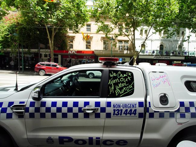 MELBOURNE AUSTRALIA - NewsWire Photos DECEMBER 3, 2023: Victorian police cars are seen written all over as part of industrial action i MelbournePicture: NCA NewsWire / Luis Enrique Ascui