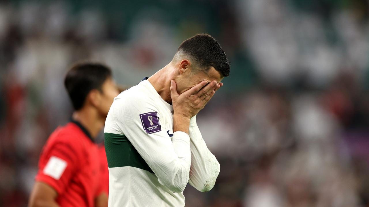 AL RAYYAN, QATAR - DECEMBER 02: Cristiano Ronaldo of Portugal reacts after a missed chance during the FIFA World Cup Qatar 2022 Group H match between Korea Republic and Portugal at Education City Stadium on December 02, 2022 in Al Rayyan, Qatar. (Photo by Dean Mouhtaropoulos/Getty Images)