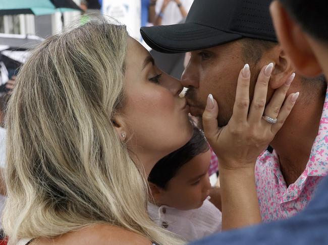 MCKINNEY, TEXAS - MAY 14: Jason Day of Australia and wife Ellie Day celebrate after Day finished his round during the final round of the AT&T Byron Nelson at TPC Craig Ranch on May 14, 2023 in McKinney, Texas. (Photo by Mike Mulholland/Getty Images)