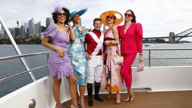 Marie Ikonomou, Kim Naylor, six-time Sydney Premiership winning jockey James McDonald, Olivia Lawecki and Isabella Rennie Surra on board The Jackson on Sydney Harbour for the launch of the Sydney Everest Carnival 2022. Picture: Richard Dobson