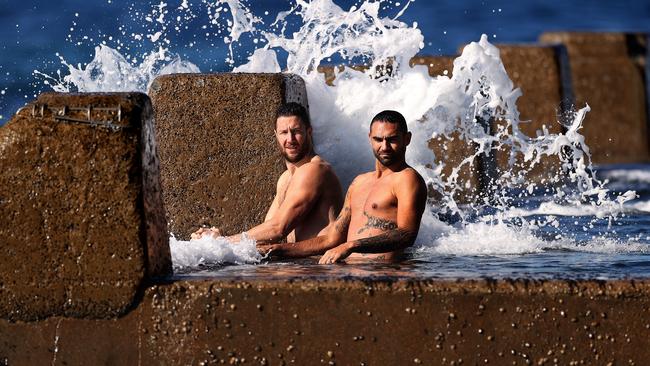 Hawthorn players James Frawley and Shaun Burgoyne take a swim at Coogee ocean pool in Sydney. Picture. Phil Hillyard