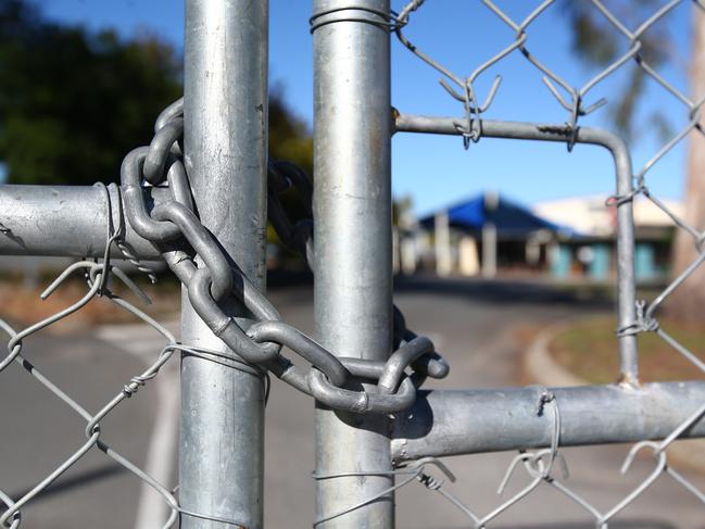 The locked gates at Parklands Christian College in Park Ridge on Wednesday. Picture: NCA NewsWire/Jono Searle