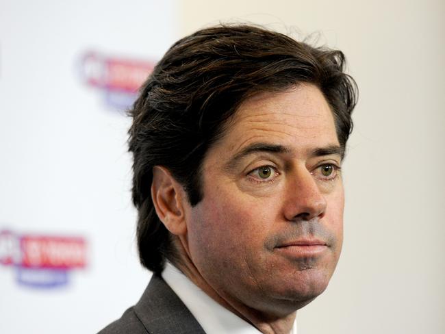 Gillon McLachlan addresses the media during a press conference at AFL House, criticising Collingwood president Eddie McGuire for his comments surrounding journalist Caroline Wilson. Picture: AAP Image/Mal Fairclough