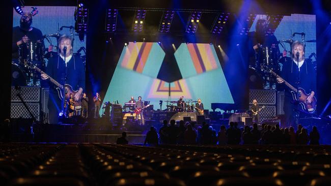 Paul McCartney, his band and a small group of fans in Adelaide on Tuesday. Picture: Kelly Barnes