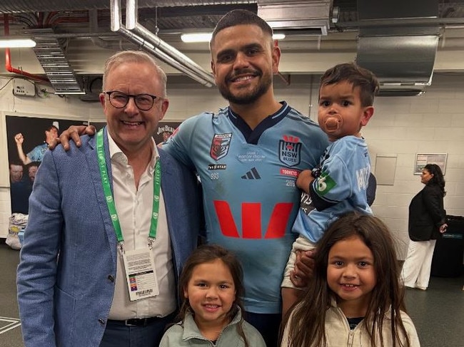Latrell Mitchell with his family and the Aussie PM after Game 1. Photo: Instagram