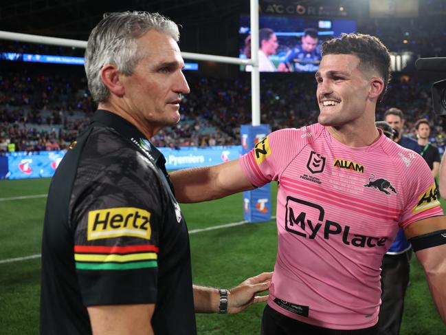 Ivan and Nathan Cleary celebrate after winning their fourth straight premiership. Picture: Getty Images