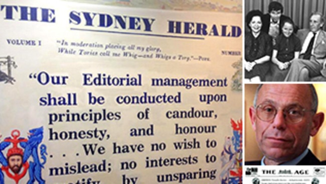 The former Sydney Herald's editorial conduct policy; the Fairfax family; Fred Hilmer; The Age's moon landing edition.