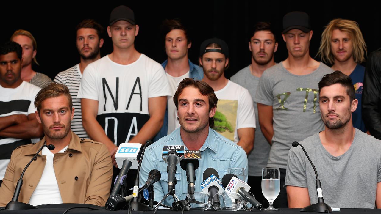 Jobe Watson, flanked by teammates when the supplements saga first emerged. Picture: Getty Images