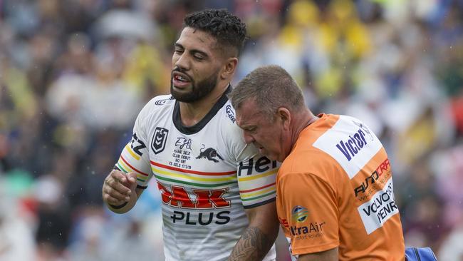 Hame Sele is helped from the field in the Panthers’ loss to Parramatta.