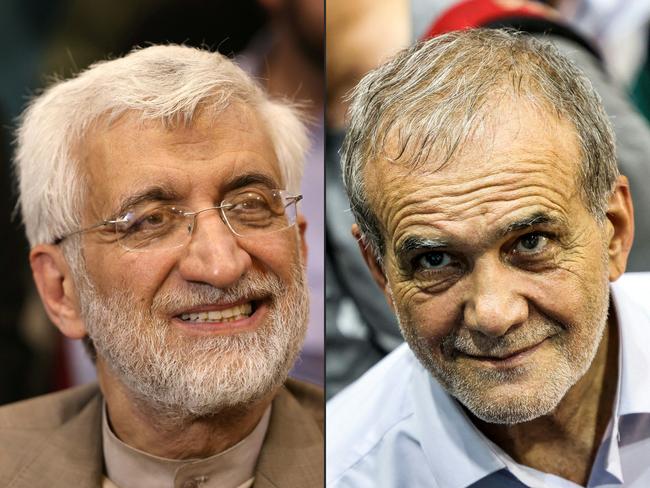 (COMBO) This combination of pictures created on June 29, 2024 shows (FILES) Iranian presidential candidate and ultraconservative former nuclear negotiator Saeed Jalili (L) looks on as he attends his election campaign rally at Sharif University in Tehran on June 22, 2024. (FILES) Massoud Pezeshkian, reformist candidate in the upcoming Iranian presidential election, attends a campaign rally at Afrasiabi Stadium in Tehran on June 23, 2024.. Iran's sole reformist candidate Pezeshkian and ultraconservative Jalili are set to go to runoffs after securing the highest number of votes in Iran's presidential election, the interior ministry said. (Photo by ATTA KENARE / AFP)