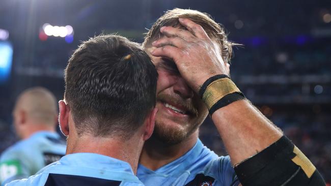 Jack de Belin breaks down after the Blues’ victory in game two of State of Origin. Picture: Mark Kolbe/Getty Images