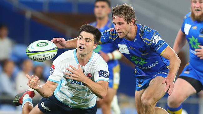 Jack Maddocks of the NSW Waratahs makes a pass during the Super Rugby AU match between the Western Force. Picture: Getty Images