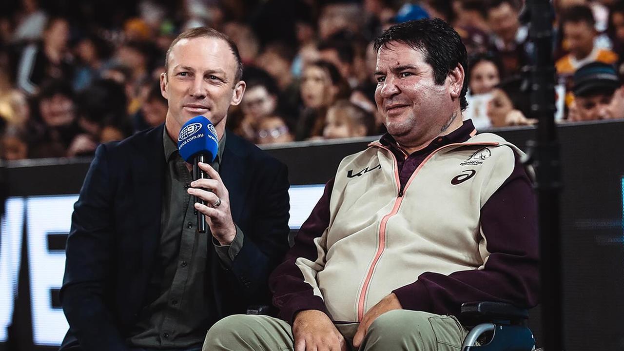 Broncos legend Darren Lockyer with Carl Webb. Picture Instagram @brisbanebroncos.